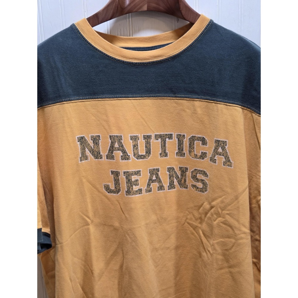 Nautica Jeans Company Shirt‎ Mens 2XL Yellow Green Colorblock Logo Graphic Tee
